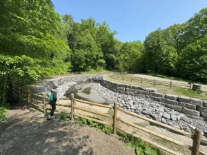Stream bed with rip rap banks, trees in background, post and rail fence in foreground with a woman hiker looking at stream bed on a sunny summer day.