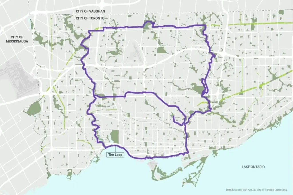 Map of the City of Toronto showing the Loop Trail encircling the city, as well as the cross-town section.